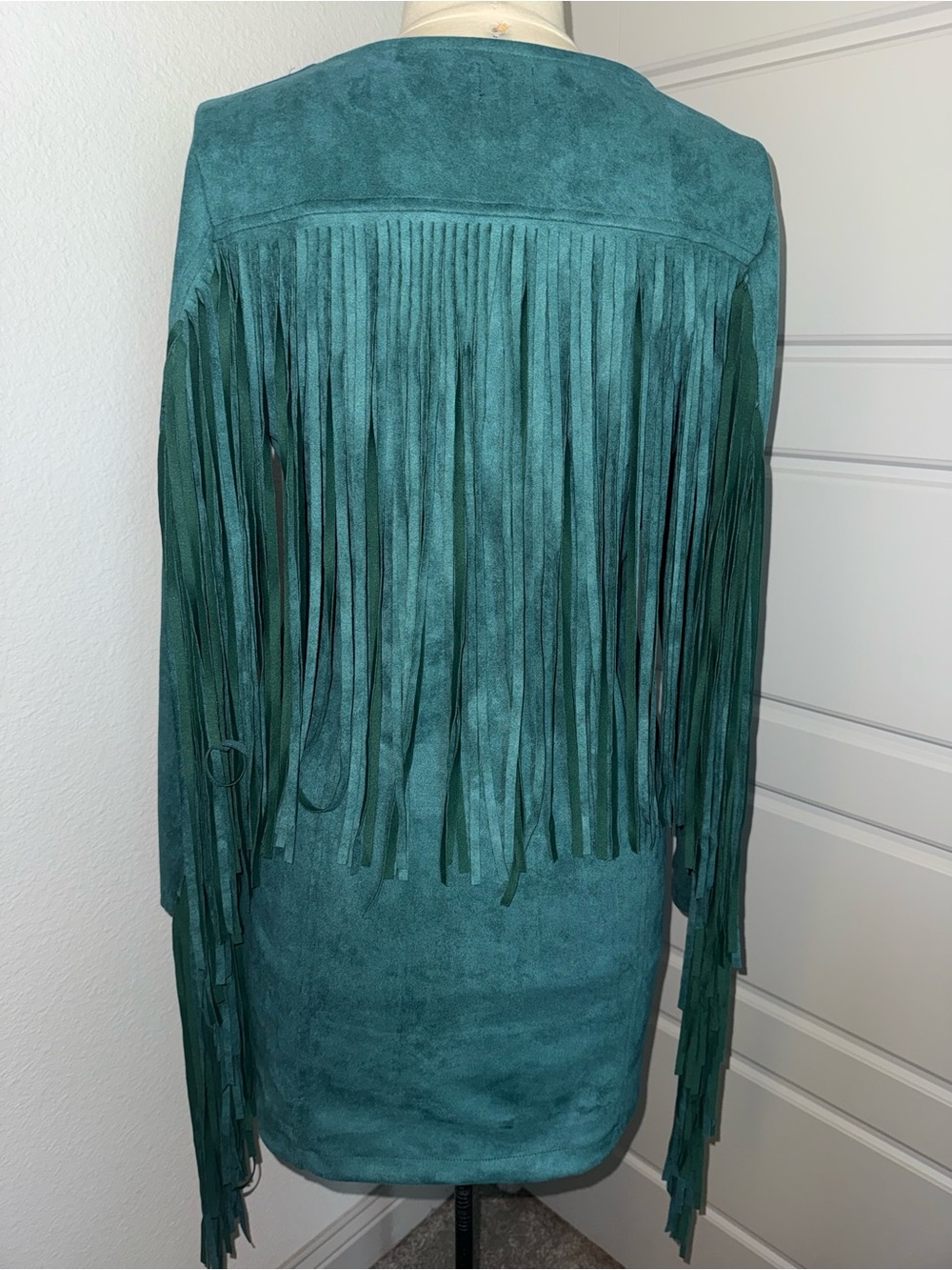 Boho Cowgirl Teal V-Neck Vegan Suede Fringe Mini Dress - Picture 9 of 15